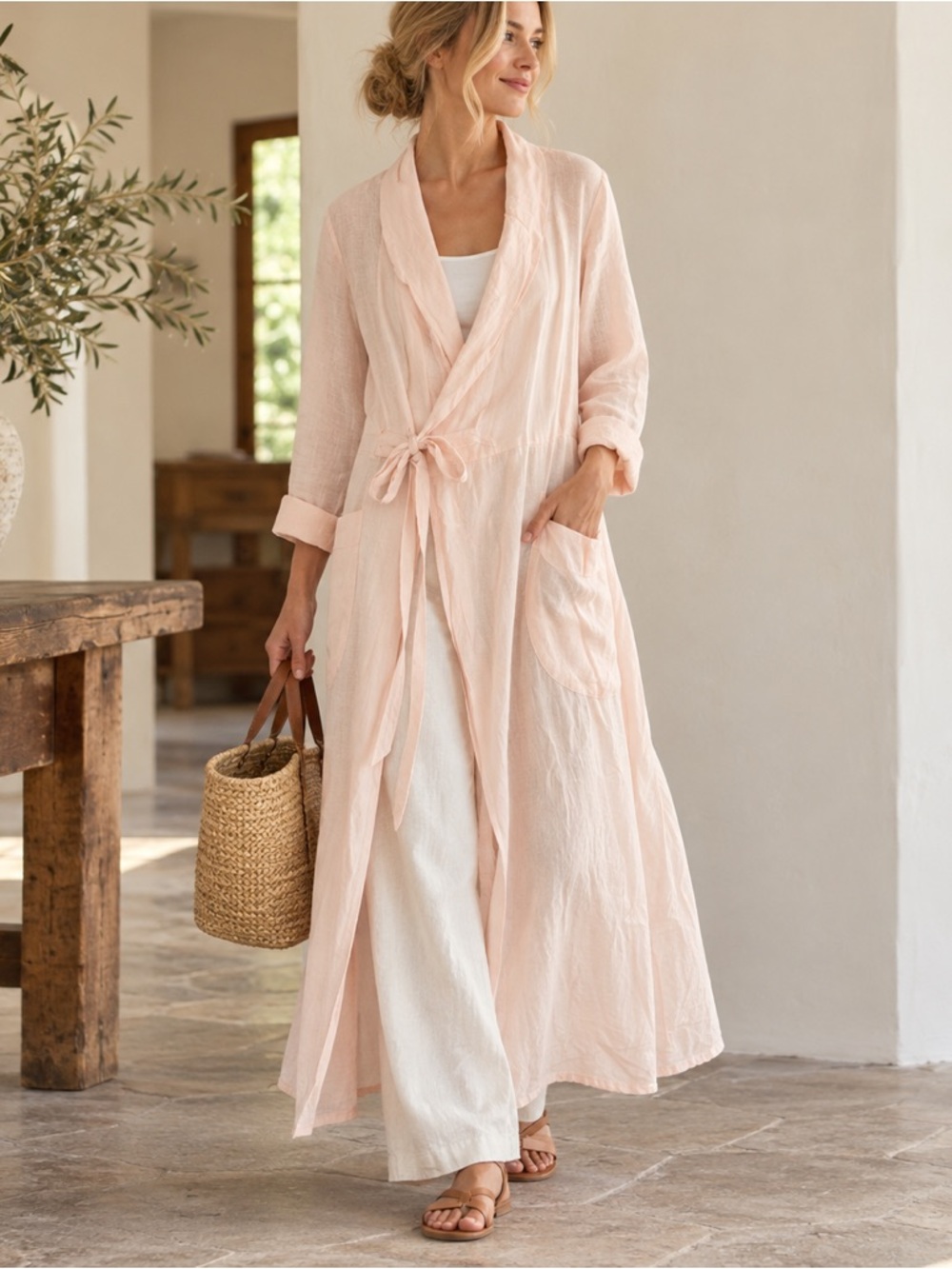 FLAX 100% Linen Blush Pink Long Wrap Duster Tie Waist Robe Dress Jacket Medium